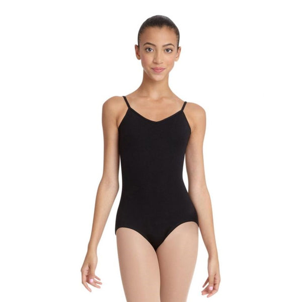 Front Black capezio strappy back camisole leotard in cotton