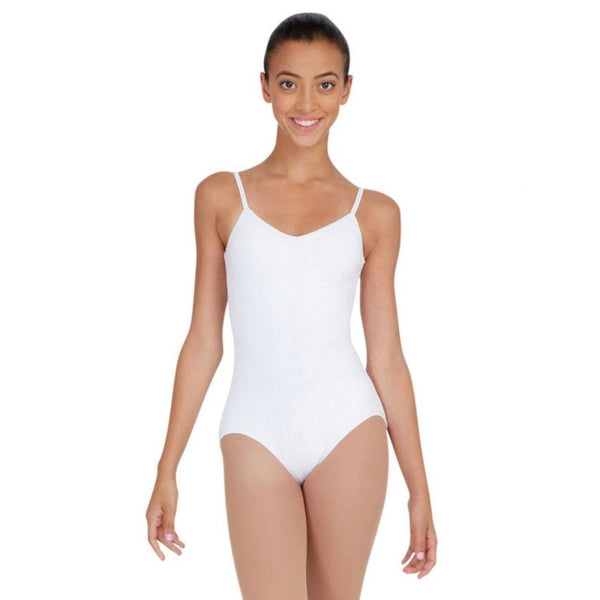 Front of white capezio strappy back camisole leotard in cotton